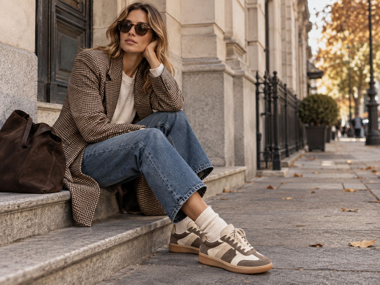 Laza női őszi szett retro sneakerrel farmerrel blézerrel és nagy táskával